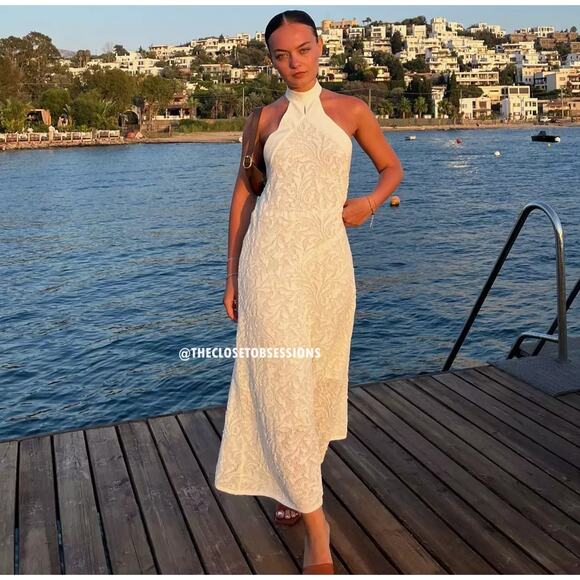 🤍 ZARA Halter Midi Dress NWT | Oyster White Open Back Textured M - Picture 9 of 16